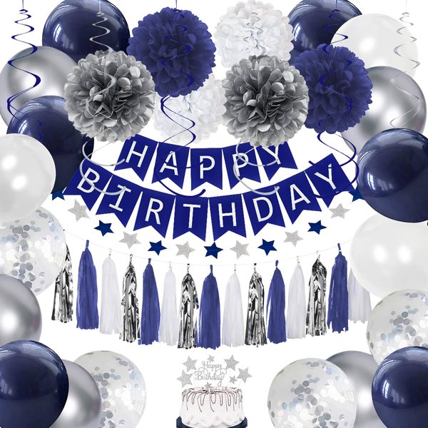 YGYXMY Birthday Decorations Men Blue | Navy Blue White Silver Party Decorations | Navy Blue and Silver Balloons with Happy Birthday Banner, Tissue Pompoms, Hanging Swirl Streamer, Tassels Garland