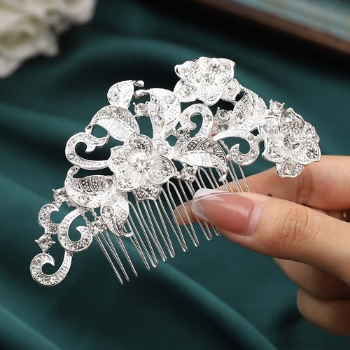 Latious Flower Bride Wedding Hair Comb Silver Bridal Leaf Hair Piece Crystal Hair Clip Prom Hair Accessories for Women and Girls
