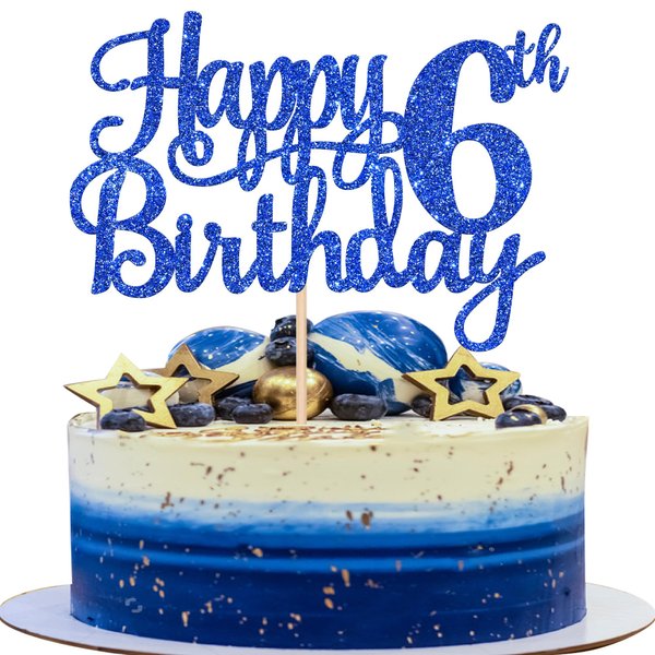 1 PCS Happy 6th Birthday Cake Topper Glitter Cheers to 6 Years Birthday Cake Pick Six 6 Fabulous Cake Decoration for Happy 6th Birthday Theme Party Decorations Supplies Blue