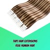 VINBAO Tape In Hair Extensions Human Hair Color Dark Brown #4 Highlights #27 Caramel Blonde Tape In Hair Extensions Real Human Hair Extensions Tape In Silky Straight 20pcs/50g(18inch, #4P27)