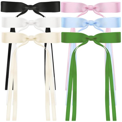 6PCS Long Tail Design Bowknot Barrettes with Tassel Ribbon and Solid Metal Claw Clip, Perfect Hair Accessories for Women and Girls (Black White Beige Pink Blue Green)