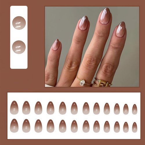 ZASKHLD Gradient Brown Chrome Press on Nails Medium Almond Fake Nails Glossy Brown coffin False Nails with Mirror Metal Design Ombre Acrylic Glue on Nails for Women Girls Manicure Nail Decor 24Pcs