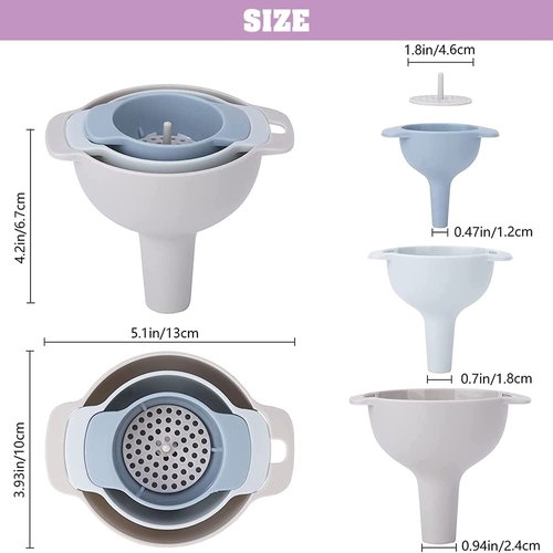 NZKNP 4 in 1 Kitchen Funnel Set - BPA-Free, 3 Sizes, Detachable Strainer, Easy to Clean & Store