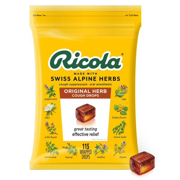 Ricola Original Herb Cough Drops, 115 Count, Cough Suppressant & Throat Relieving Drops with Original Herb Sourced Menthol, Pleasing Herbal Taste for Coughs & Throat Irritation Symptom Relief