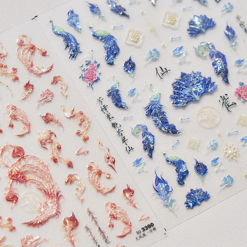 5D Nail Art Stickers Embossed Nail Decals Phoenix, Peacock, Feather for Women Girls Acrylic Manicure DIY Salon Nail Decorate Supplies (Feather)