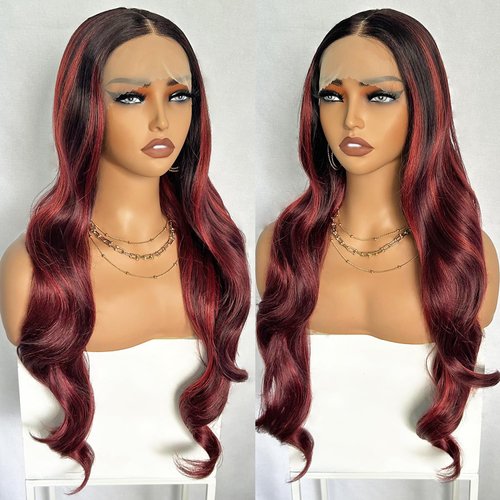 UREMY Ombre Burgundy Highlight Color Lace Front Wig 30 Inch Long Body Wave Pre Plucked Lace Wig Middle Part Glueless Transparent Swiss Lace Heat Resistant Synthetic Wigs for Black Women