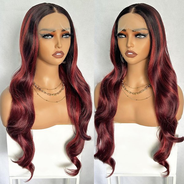 UREMY Ombre Burgundy Highlight Color Lace Front Wig 30 Inch Long Body Wave Pre Plucked Lace Wig Middle Part Glueless Transparent Swiss Lace Heat Resistant Synthetic Wigs for Black Women