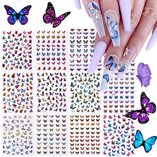 TOROKOM 12 Sheets Butterfly Nail Art Stickers Decals, 3D Self-Adhesive Nail Decals Butterfly Designs Nails Supplies Butterfly Stickers for DIY Colorful Laser Butterflies Nails Manicure Decor
