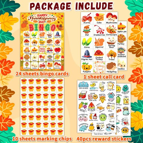 MonEnfance Thanksgiving Bingo Cards, 24 Players Cute Thanksgiving Bingo Game for Kids Adults Famliy Party Game Supplies for Classroom Shool Fall Festival
