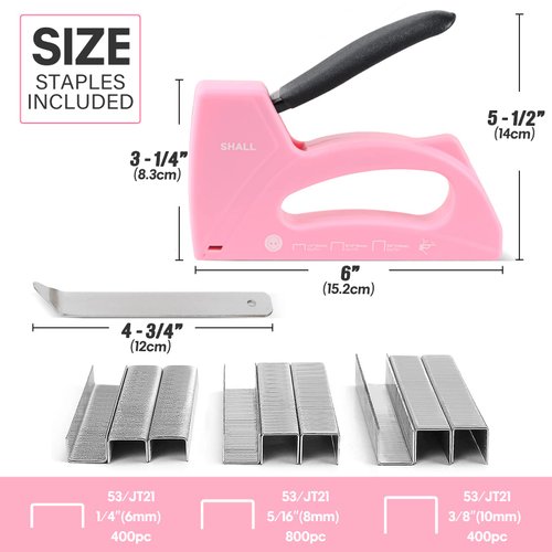 SHALL Light Duty Staple Gun for Wood - Pink Upholstery Staple Gun with 1600pcs JT21 Staples 1/4, 5/16, 3/8 inch and Staple Remover - Women Staple Gun for Crafts, Fabric Stapler Gun for DIY, Decoration