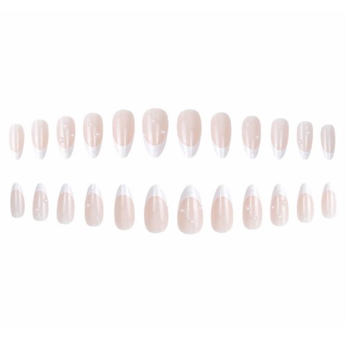 YoYoee Short French Press on Nails, Almond Fake Nails White Pearl Nail Art Acrylic Full Cover False, Cute Tips for Women and Girls, 24 Pcs.