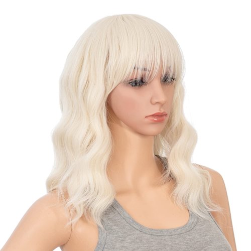 SWACC Short Curly Wavy Bob Wig with Bangs Synthetic Medium Shoulder Length Hair Wig for Women with Wig Cap (Platinum Blonde)