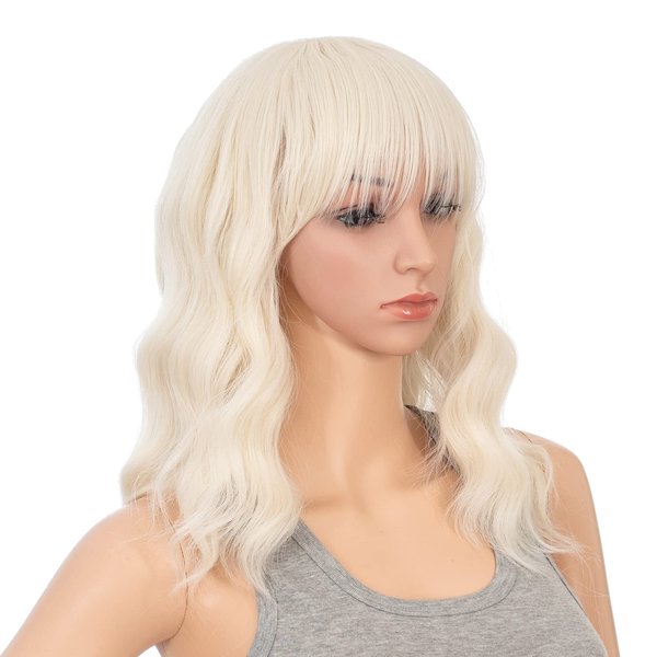 SWACC Short Curly Wavy Bob Wig with Bangs Synthetic Medium Shoulder Length Hair Wig for Women with Wig Cap (Platinum Blonde)