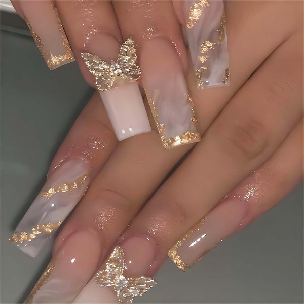 RUOKEXIN Nail Press ons Long Press on Nails Coffin Fake Fingernails Glossy Ombre Acrylic False Nails with 3D Butterfly Designs Gold Glitter Powder Artificial Nails Stick on Nails for Women 24Pcs