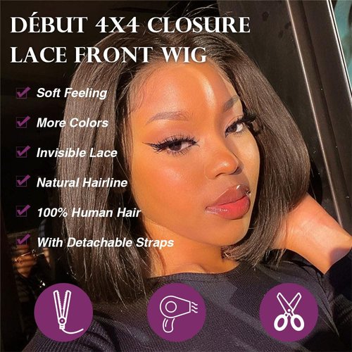 DÉBUT Chocolate Brown Lace Front Wigs 4x4 HD Lace Closure Wigs Human Hair Short Bob Wigs for Women Pre Plucked 13inch Lace Front Natural Hairline with Baby Hair 8 Inches
