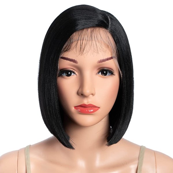 DÉBUT Asymmetrical Bob Wigs Ear to Ear Lace with Baby Hair Short Bob Simulated Scalp Lace Front Wigs for Women Heat Resistant Fibers Synthetic Hair Side Parting Wig 1B Black Color