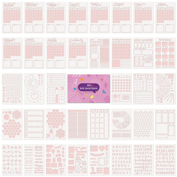 Whaline 38Pcs Bullet Journal Stencils Templates Set 5.1 x 7.9 Inch Bullet Journals Accessories Planner Stencils for DIY Crafts Home School Office A5 Journals Supplies