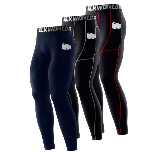 SILKWORLD Men's Compression Pants Pockets Cool Dry Gym Leggings Baselayer Running Tights(Medium,Pack of 3:Black(Red Stripe)+Black(Grey Stripe)+Dark Navy)
