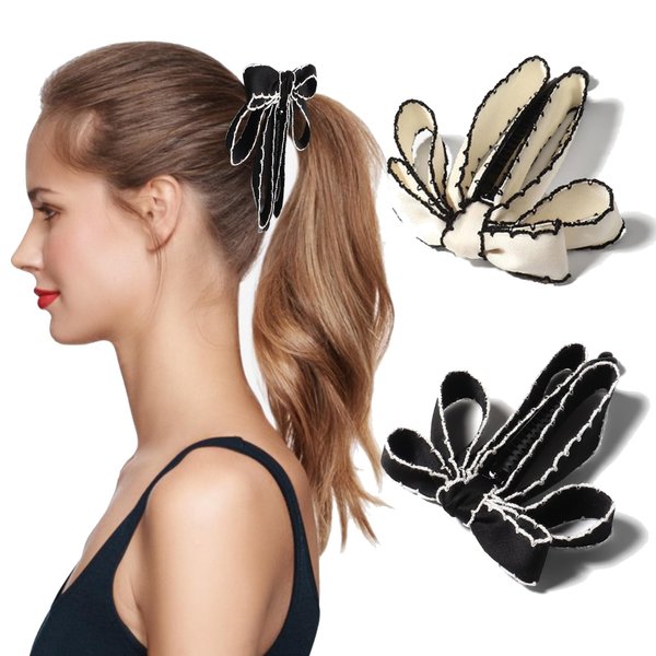 Generic 2 PCS Banana Clip Bowknot Banana Hair Clip Vertical Ponytail Claw Clip for Women Girls Ribbon Banana Hair Clip Korean Style Hair Barrette Accessories, Black, white