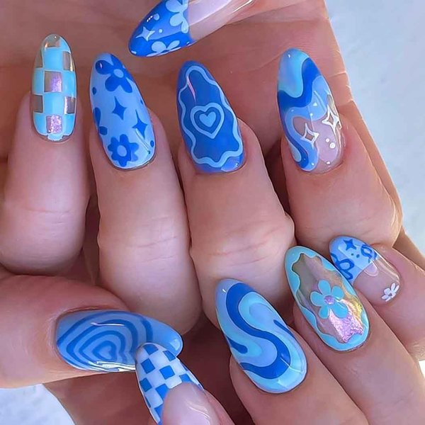 RikView Blue Press on Nails Long Fake Nails Almond Acrylic Nails Glossy Full Cover Nails 24 PCs/Set
