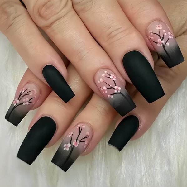 Fall Press on Nails Medium Fake Nails Pink Black Gradient Square Press on Nails Coffin Glossy False Nails with Pink Flowers Designs Full Cover Acrylic Nails Glue on Stick on Nails for Women 24PCS