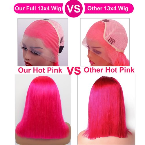 GIRLOFDREAMS Hot Pink 13x4 Bob Wig Human Hair Straight Lace Front Wigs Glueless 180 Density Pre Plucked with Baby Hair Short Brazilian Remy Colored Hair Transparent Lace Frontal Wigs for Black Women