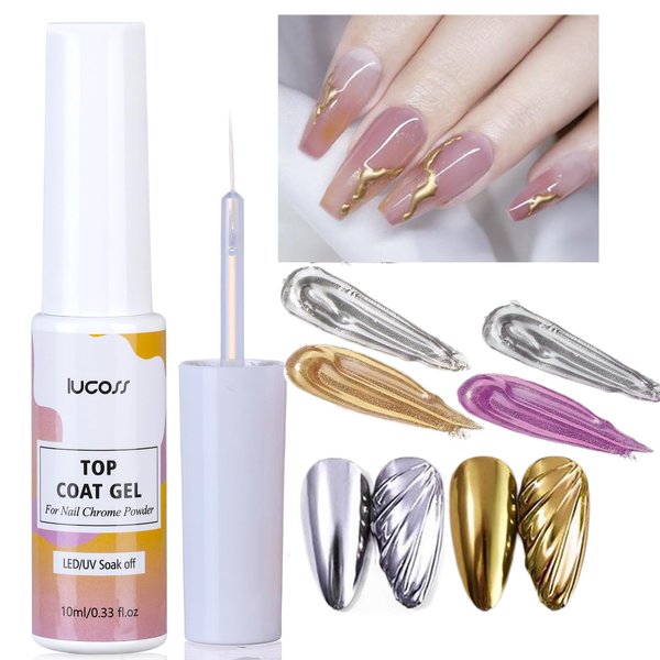 yehapp 10ml Clear Top Coat for Nail Chrome Powder, No Wipe Top Coat for Metallic Painting Gel, Top Coat for Chrome Powder Painting, Nail Liner Top Coat with Built-in Brush