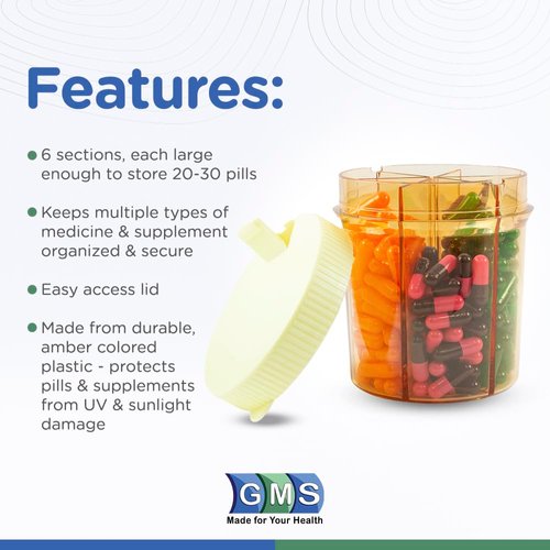 GMS Vitanizer Vitamin & Pill Organizer - 6 Compartment Pill Case with Easy Turn Lid Dispenser - Ideal Travel Pill Organizer - Fits All Size Tablets & Supplements - Sturdy, Safe, UV Protective Plastic