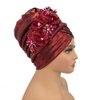 Gold Color Turban Cap for Women Diamonds Flower African Female Head Wraps Bonnet Nigeria Autogele Headtie (US, Alpha (Alpha), One Size, M, Wine red)