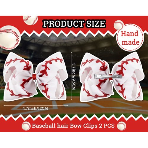Whaline 2Pcs Baseball Glitter Hair Bow Clips Red and White Baseball Cheer Grosgrain Ribbon Barrettes Alligator Clips Hair Accessories for Girls Teens Toddlers