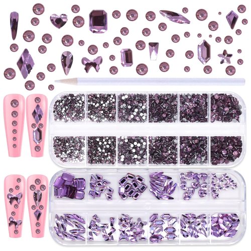 WOKOTO 2 Box 1620 Pieces Purple Nail Rhinestones Flat Back Crystals For Nail Art Diamonds Flatback Rhinestones For Women Acrylic Nails Purple Rhinestones Flatback Eye Gems Glass Rhinestones