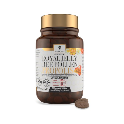 BEE and You Royal Jelly + Propolis + Bee Pollen Chewable Tablets - High Potency - No Artificial Flavor/Preservatives - No Added Sugar- No Soy/Milk/Gelatin/GMO/Gluten, 500 mg x 60 Tablets