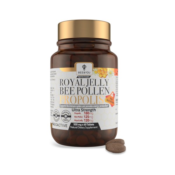BEE and You Royal Jelly + Propolis + Bee Pollen Chewable Tablets - High Potency - No Artificial Flavor/Preservatives - No Added Sugar- No Soy/Milk/Gelatin/GMO/Gluten, 500 mg x 60 Tablets