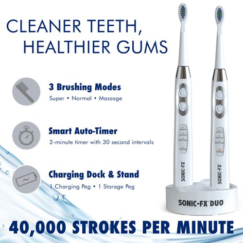 Sonic-FX Dual Electric Rechargeable Toothbrush Duo Dual Handle Sonic 3 Brushing Modes Toothbrush Set with Smart Timer for Adults and Kids with Charging Dock Brush Holder and 14 Brush Heads, White