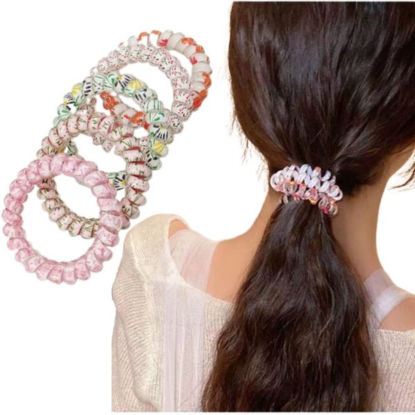 5Pcs Spiral Hair Ties for Women Phone Cord Tellie Telly Coil Plastic Tele Coiled Telephone Cord Stretchy Hair Ties for Thick Hair Big Coils (Floral style)