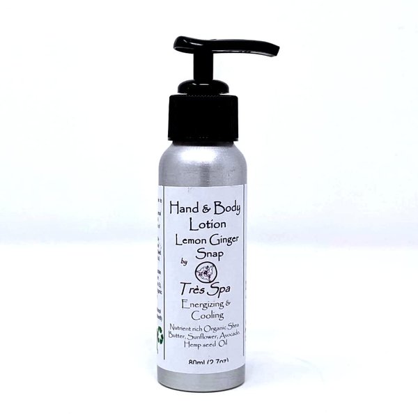 Organic Lotion Lemon Ginger Snap by Très Spa - Sharp citrus blend of pure essential oils with light and nourishing Organic Shea butter, Sunflower, Avocado, & Seed oils | Vegan | Cruelty Free (80ml Travel Size)