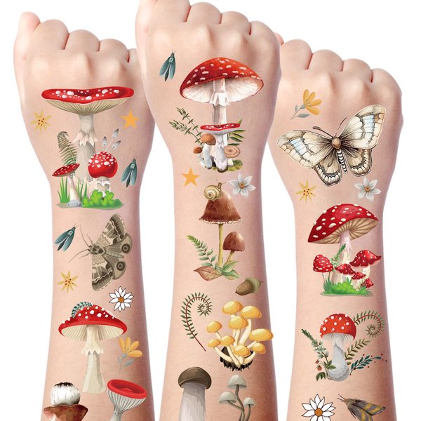 Gameza Mushroom Temporary Tattoos for Kids - 220+ Insects and Moths Temporary Tattoos Red Mushroom Jungle Theme Temporary Tattoos Stickers Gift Student Mushroom Jungle Party Decorations Favor Supplies
