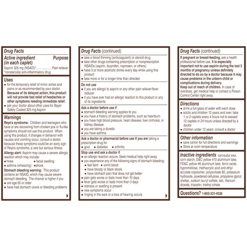 Bayer Aspirin Safety Coated 325 mg Caplets 100 Caplets, Pack of 1