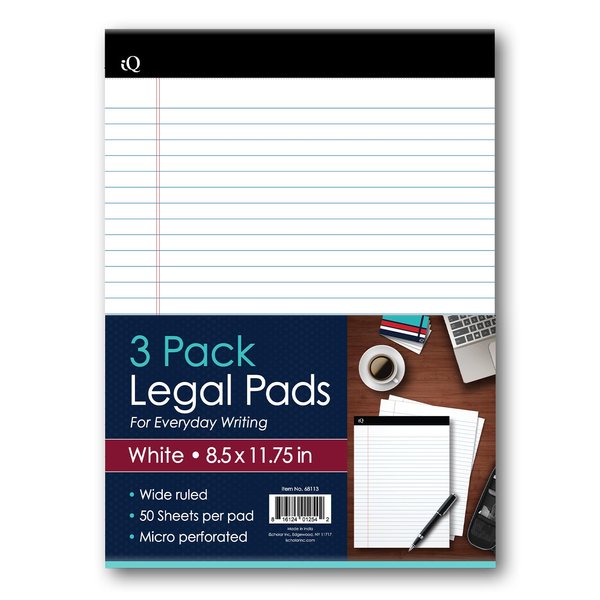 iScholar iQ Legal Pads, White, Wide Ruled, 8.5" x 11.75", 50 Sheets Per Pad, Pack of 3 Pads (68113)