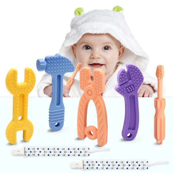 Baby Teething Toys,Teething Toys for 0-6 Months BPA Free Silicone Baby Toys Baby teethers Chew Toys,Teething Toys for Babies Soft Hammer Wrench Scissors Shape Gift