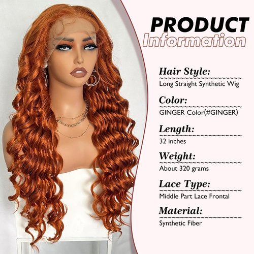 UREMY 13x6 Lace Frontal Reddish Wig 30 Inch Bouncy Curly Synthetic Hair Preplucked with Baby Hair Transparent Swiss Lace Heat Friendly Cooper Ginger Free Part Lace Front Wigs for Women