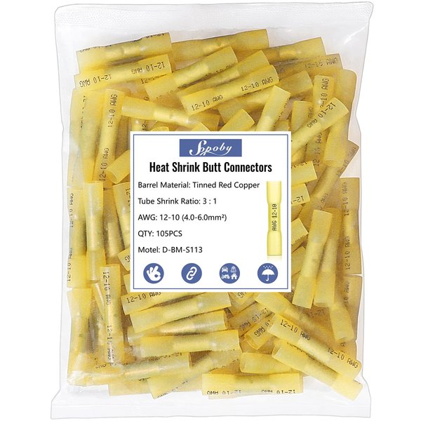 Heat Shrink Butt Wire Connectors, Sopoby 105Pcs 12-10 AWG Yellow Insulated Waterproof Electrical Wire Connectors Automotive Marine Grade Wire Crimp Terminals Butt Splices, Ideal for Boat, Truck,Yellow