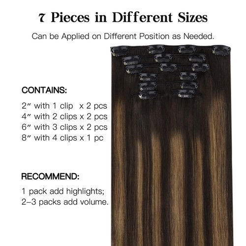 HOTBANANA Human Hair Clip in Hair Extensions, Balayage Dark Brown Mixed Chestnut Brown 120g Clip in Hair Extensions Real Human Hair Straight Remy Hair Clip Ins Dark Roots Ombre 14 Inch 7pcs