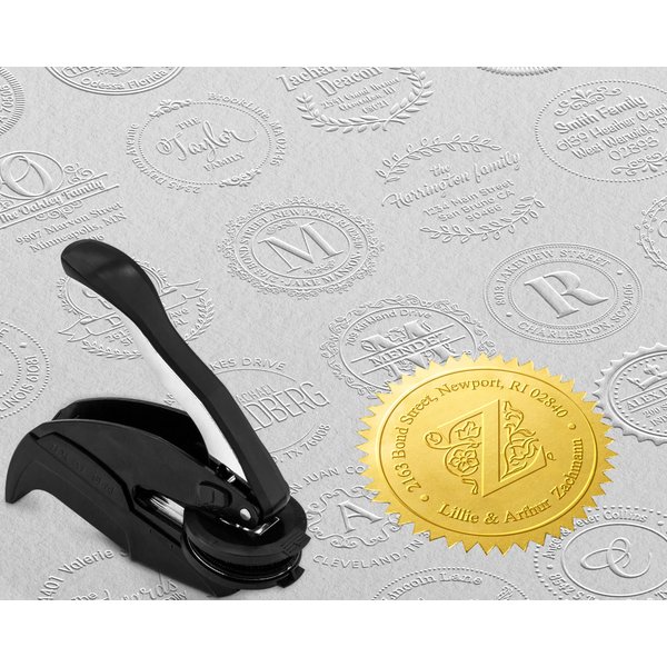 Round Monogram Address Embosser - Personalized Round Embosser with 50 Seal Labels