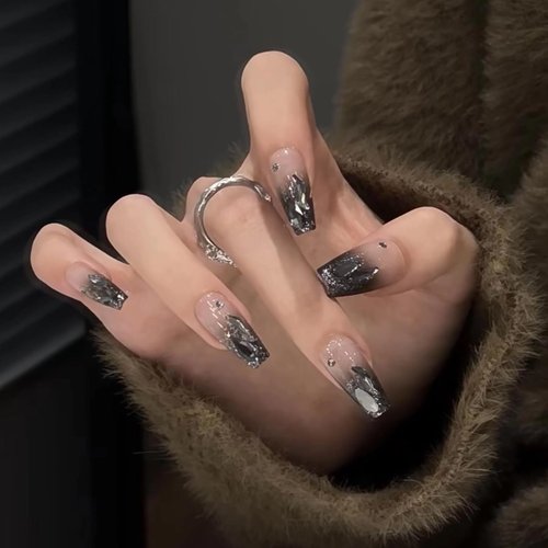 MISUD Press on Nails Long Coffin Fake Nails Glossy Glue on Nails Black Ombre Acrylic Nails Ballerina Goth Gradient Artificial Nails Rhinestone Stick on False Nails with Design 24 pcs