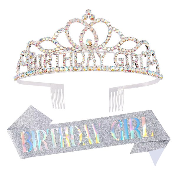 Chanaco Rhinestone Birthday Tiara and Sash for Women Kit, Happy Birthday Hair Accessories Decoration for Party Prom, Glitter Princess “BIRTHDAY GIRLS” Sashes Crystal Crown for Girls