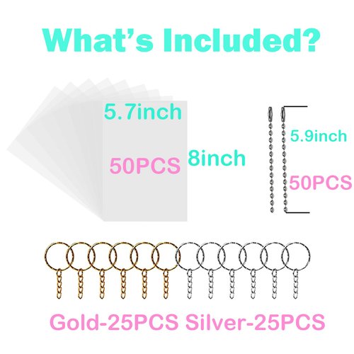Rdanruy 150PCS Shrink Plastic Sheets Kit Include 50PCS Shrink Paper Sheets Shrink Art Paper Shrink Film Sheets with 100PCS Keychains Accessories for Kids Creative Craft DIY Ornaments