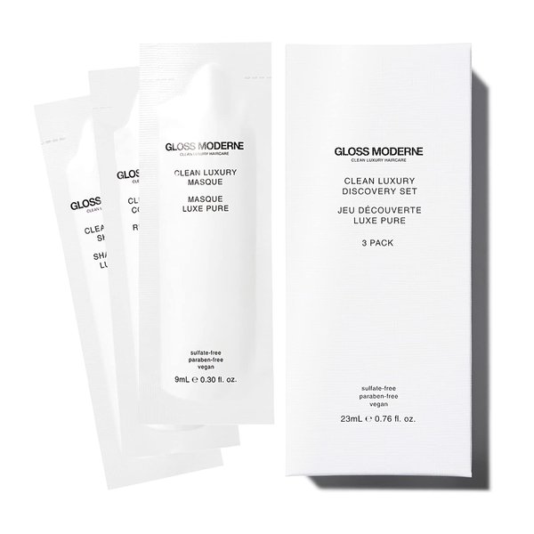 Clean Luxury Discovery Set by GLOSS MODERNE - Includes Shampoo, Conditioner, and Hair Mask - Hair Treatment for Damaged and Dry Hair with Notes of Mediterranean Almond and Coconut Accented with Cognac