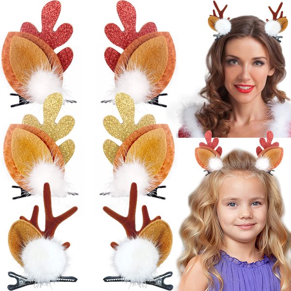 6 PCS Christmas Hair Clips Cute Reindeer Antlers Ears Holiday Headpiece Hair Accessories Headbands for Women Girls(Classic Christmas Style)