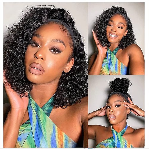 Youngirl Deep Wave Headband Wig Human Hair 12 Inch Curly Headband Wigs for Black Women Human Hair Glueless None Lace Front Wigs Brazilian Virgin Hair Wig Machine Made 150% Density Natural Black Color